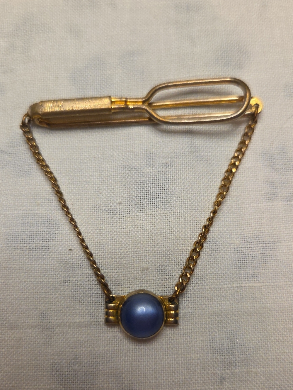 SWANK Vintage Gold Tone Tie Clip with Blue Cabochon Accent